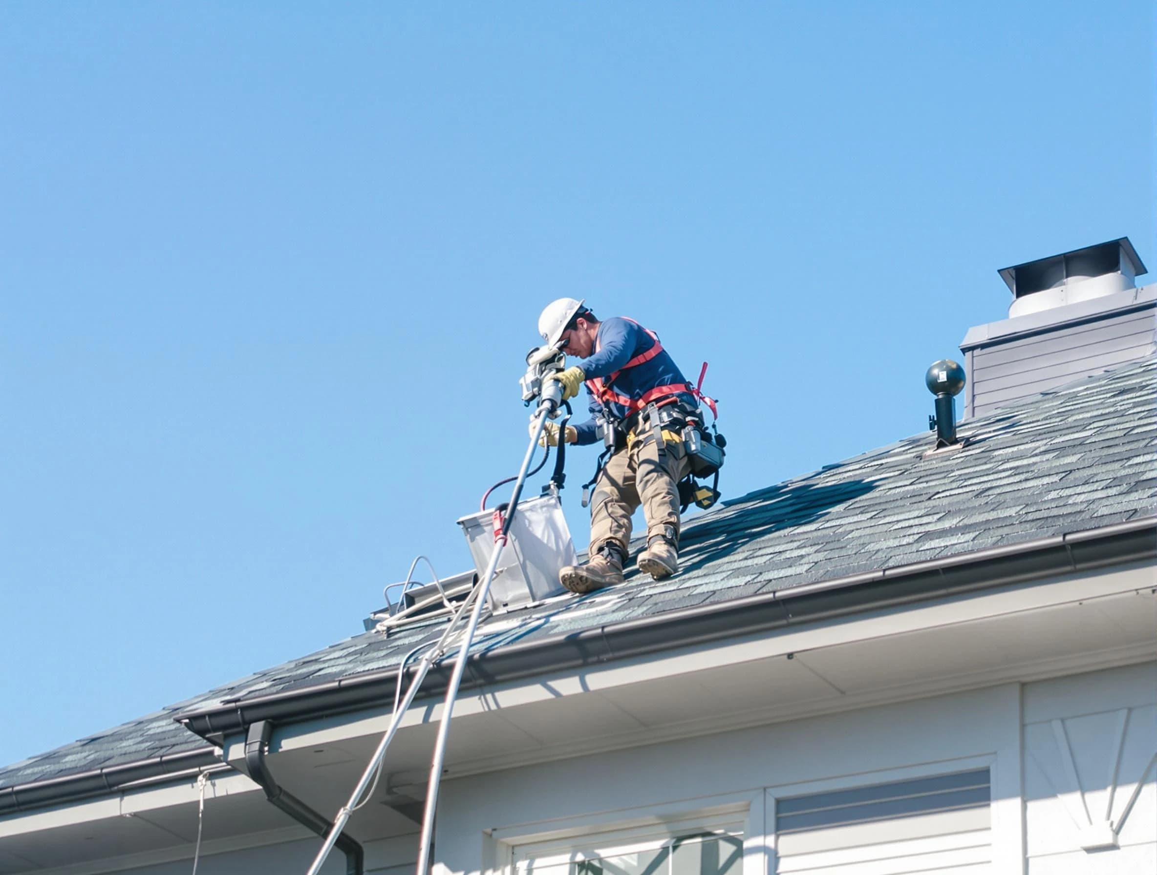 Powder Springs Dryer Vent Cleaning certified technician cleaning a roof-mounted dryer vent system in Powder Springs