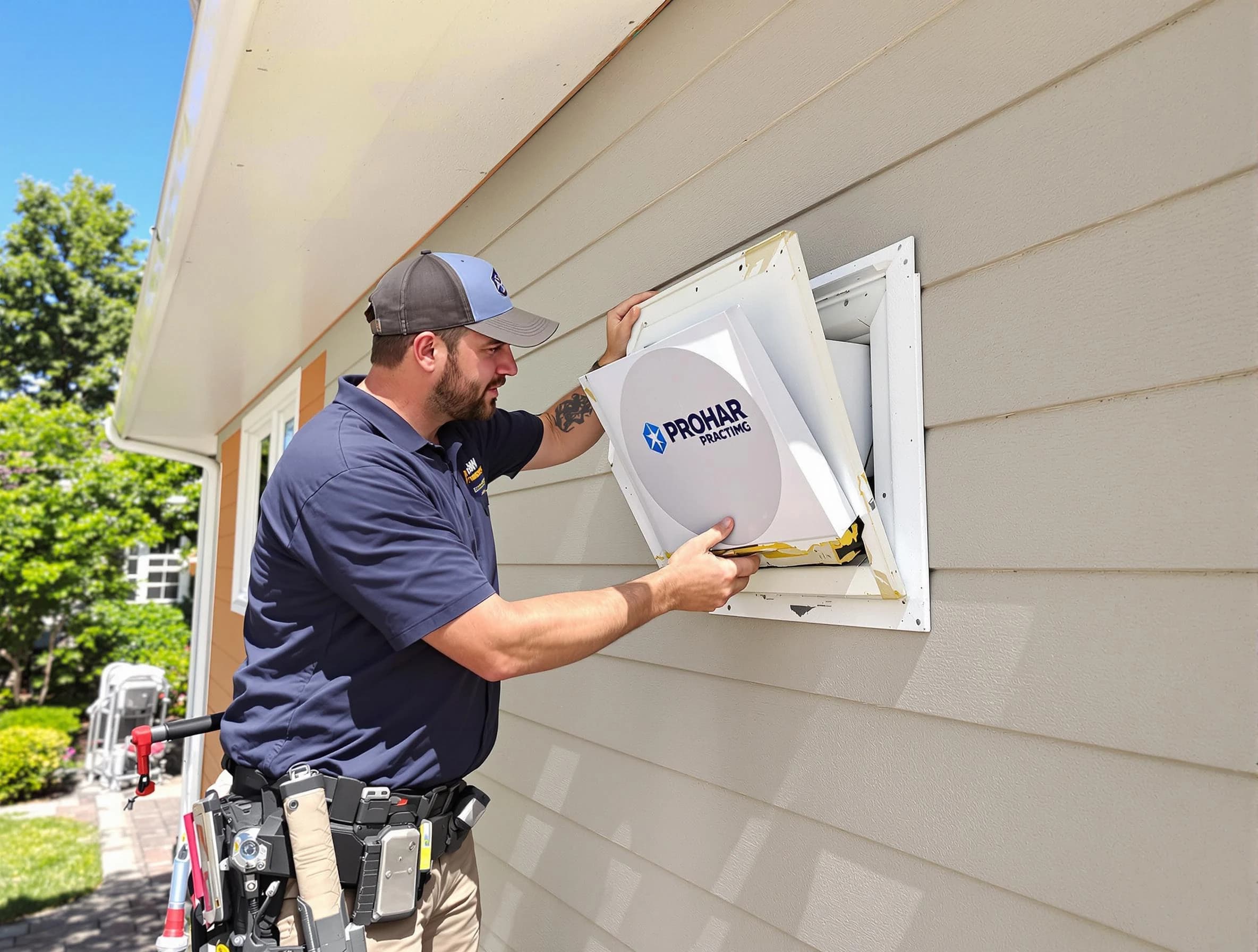 Powder Springs Dryer Vent Cleaning technician installing a new protective dryer vent cover on a home in Powder Springs