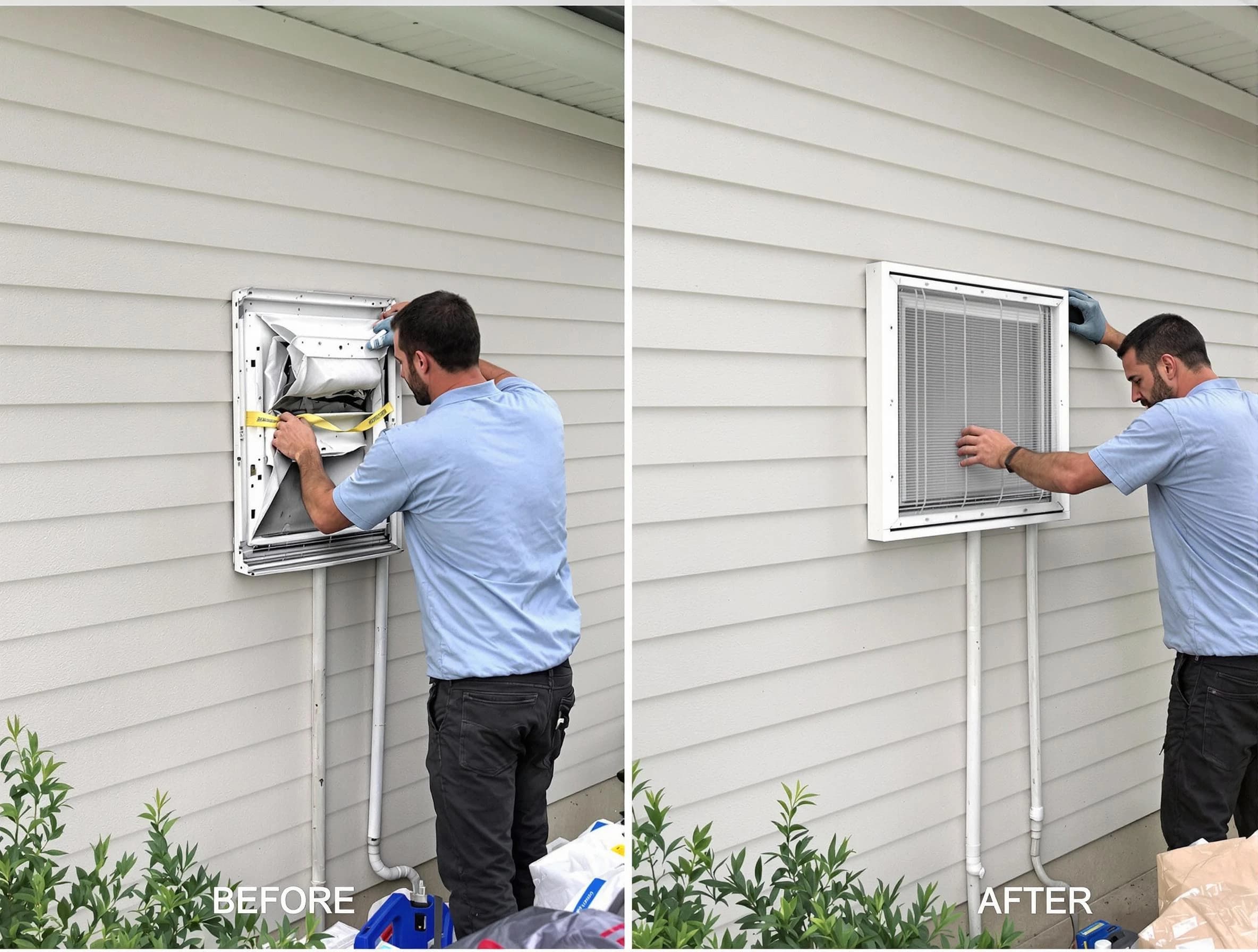 Powder Springs Dryer Vent Cleaning technician installing high-quality dryer vent cover at a residential property in Powder Springs