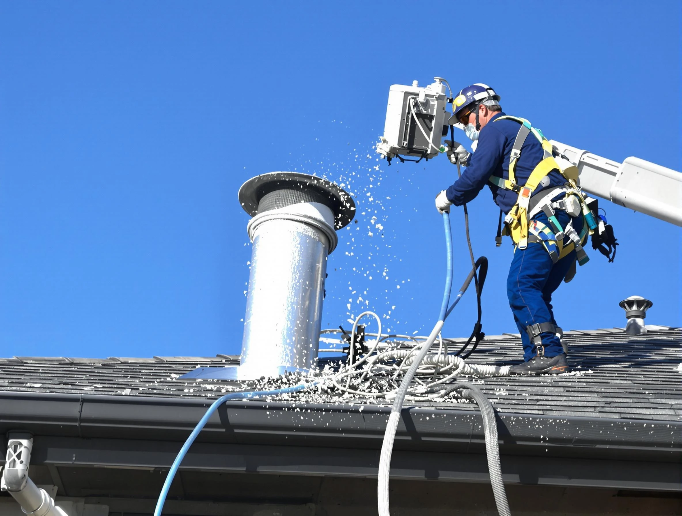 Powder Springs Dryer Vent Cleaning certified technician safely cleaning a roof-mounted dryer vent in Powder Springs